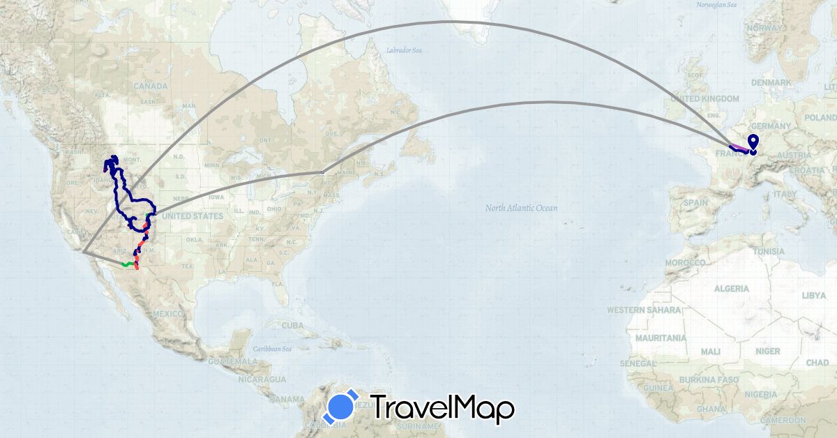 TravelMap itinerary: driving, bus, plane, cycling, train, hiking in Canada, France, United States (Europe, North America)