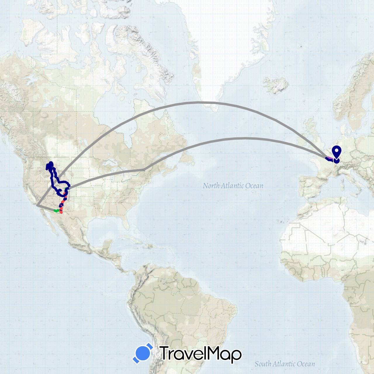 TravelMap itinerary: driving, bus, plane, cycling, train, hiking in Canada, France, United States (Europe, North America)