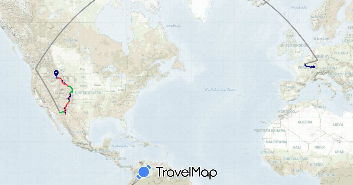 TravelMap itinerary: driving, bus, plane, hiking in Germany, France, United States (Europe, North America)