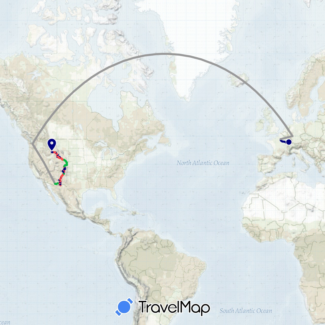 TravelMap itinerary: driving, bus, plane, hiking in Germany, France, United States (Europe, North America)