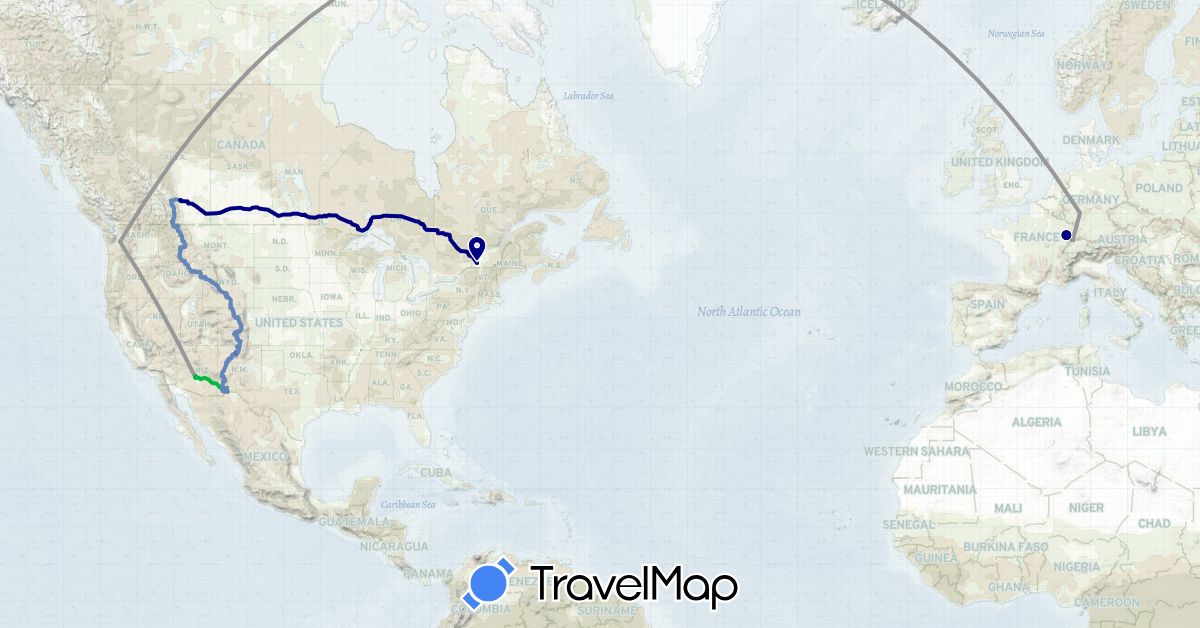 TravelMap itinerary: driving, bus, plane, cycling in Canada, Germany, France, United States (Europe, North America)