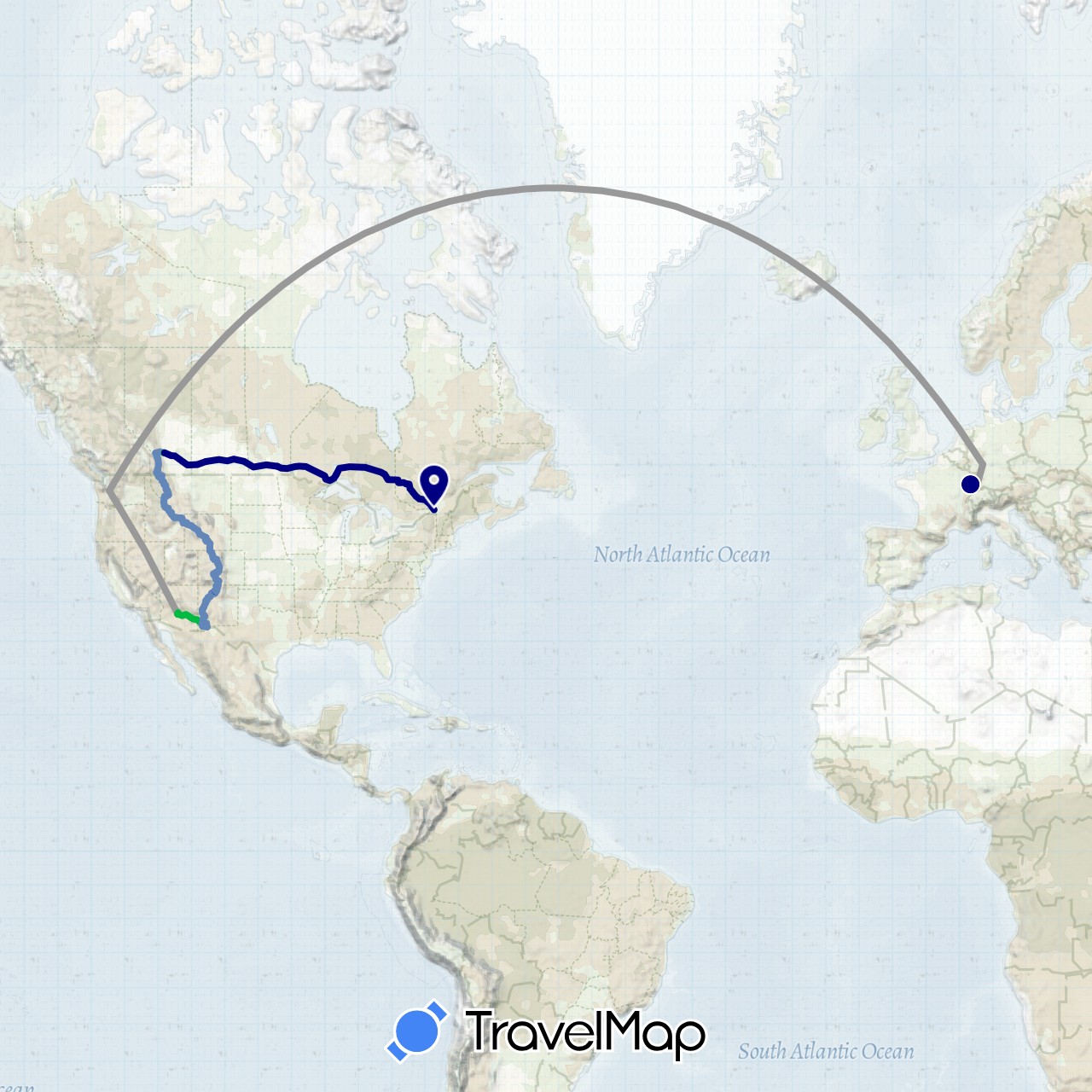 TravelMap itinerary: driving, bus, plane, cycling in Canada, Germany, France, United States (Europe, North America)