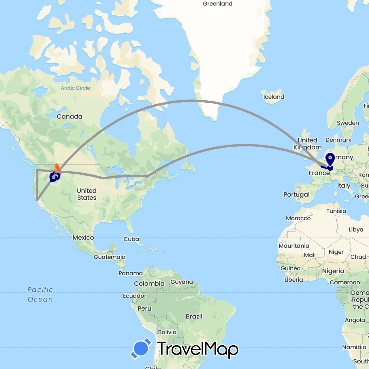 TravelMap itinerary: driving, plane, hiking, hitchhiking in Canada, France, United States (Europe, North America)